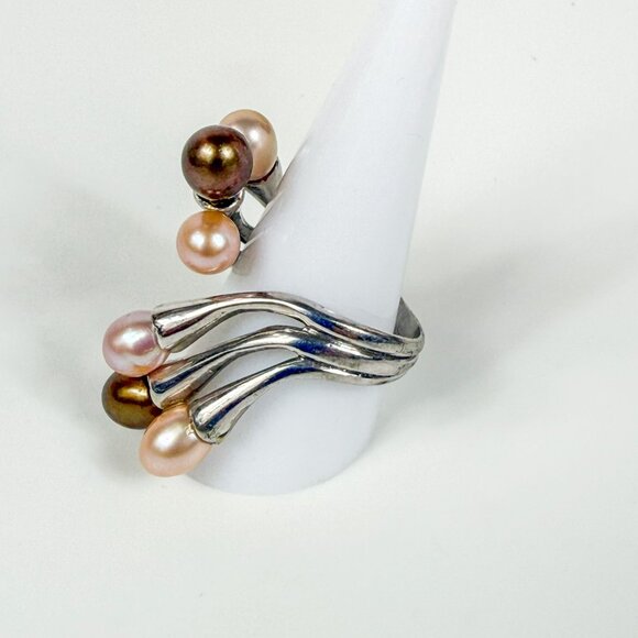 Artisan Sterling Silver Biomorphic Wrap Ring 6 Multicolor Pearls Size 10 - Picture 2 of 6